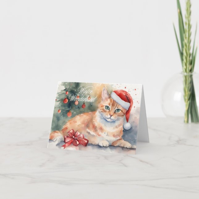 Tarjeta Gato Naranja navidad en la acuarela de Santa Hat (Anverso)