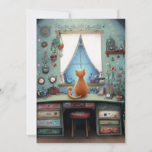 Tarjeta Gato Naranja raro en una ventana de saludo plano