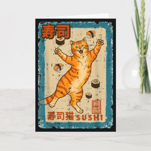 Tarjeta Gato naranja saltando con sushi comida japonesa ho