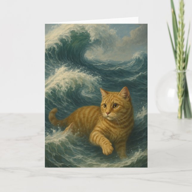 Tarjeta Gato Naranja Valiente Montando Olas del Océano (Anverso)