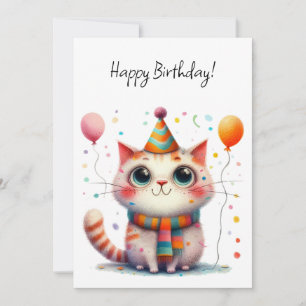 Tarjeta Gato naranja y blanco en sombrero de fiesta Cumple