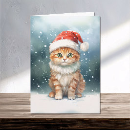 Tarjeta Gato navidad en Santa Hat en familia de invierno