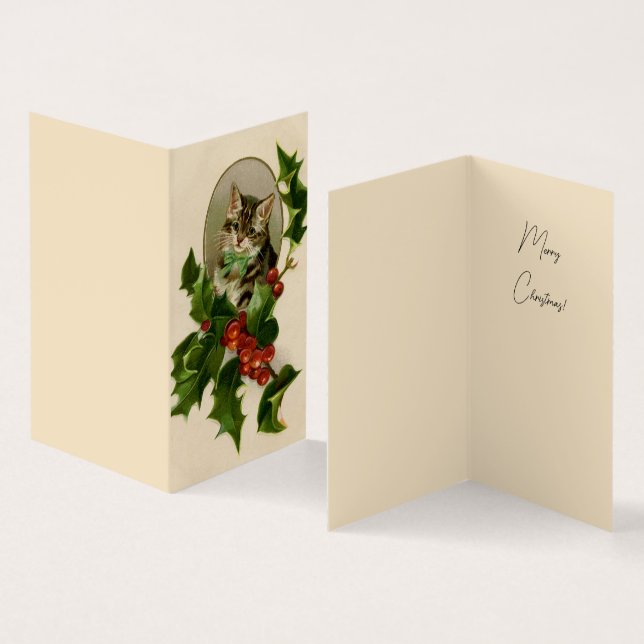 Tarjeta Gato Navidades Merry Holly Kitten Arte Antiguo (Interior y exterior)