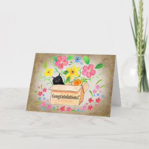 Tarjeta Gato Negro Adorable en una Caja Floral Felicidades