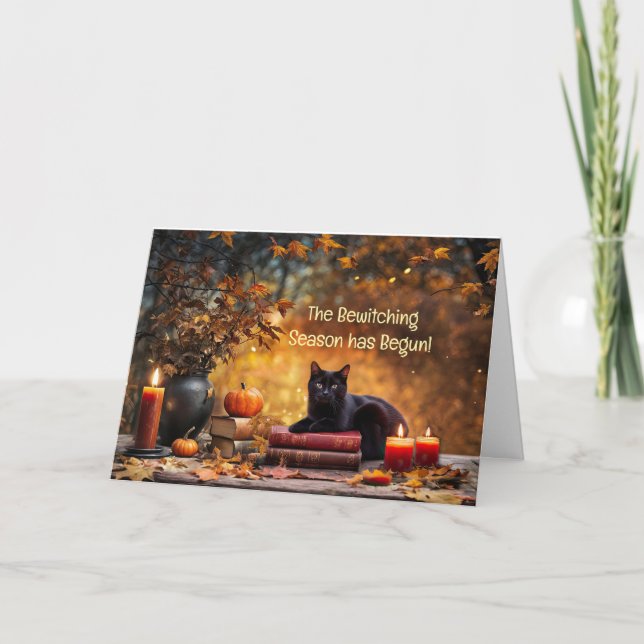 Tarjeta Gato negro agudo del equinoccio de otoño o otoño (Anverso)