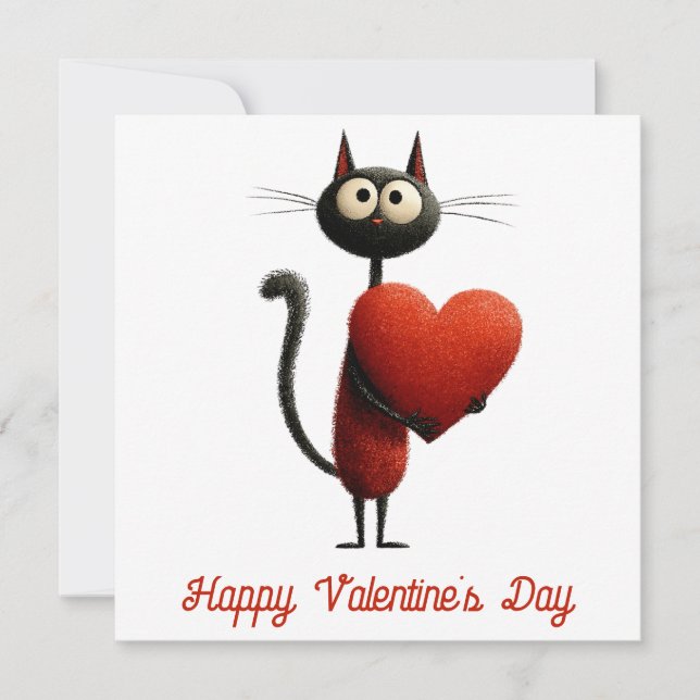 Tarjeta Gato Negro Antiguo Con Corazón Día de San Valentín (Anverso)
