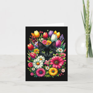 Tarjeta Gato negro boho lindo escondiéndose en flores de p