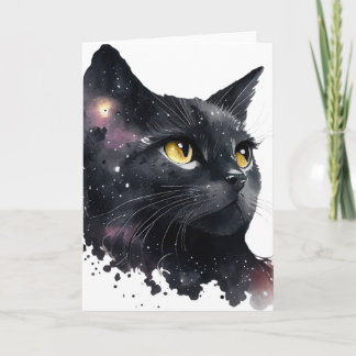 Tarjeta Gato negro bonito de acuarela cósmica