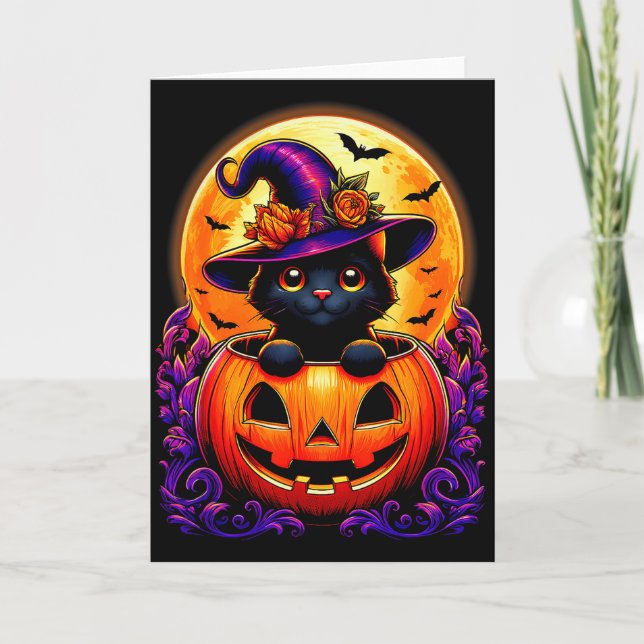 Tarjeta Gato Negro Bruja Sombrero Calabaza Divertido Hallo (Anverso)