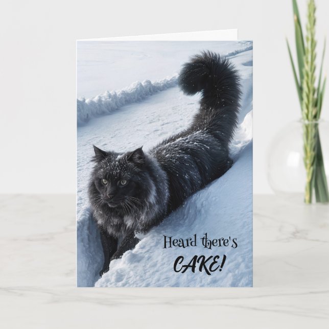 Tarjeta Gato Negro Caminando En Nieve Profunda (Anverso)