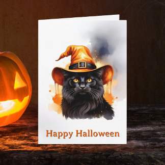 Tarjeta Gato negro caprichoso sombrero de bruja naranja Ha