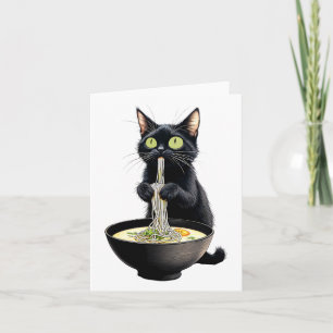 Tarjeta Gato negro comiendo fideos de Ramen comida japones
