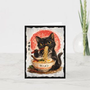 Tarjeta Gato negro comiendo ramen lindo kawaii anime gato