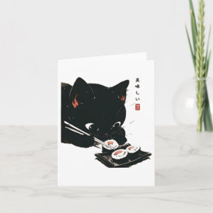Tarjeta Gato negro comiendo sushi - arte japonés gato