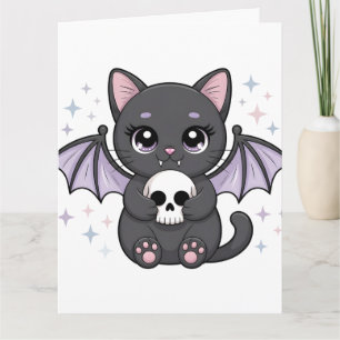Tarjeta Gato negro con alas de murciélago moradas abrazand