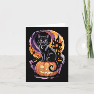 Tarjeta Gato Negro Con Calabazas Bajo Luna Llena En Hallow