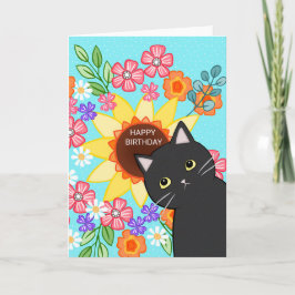 Tarjeta Gato negro con cumpleaños Sunflower Colorful Flora