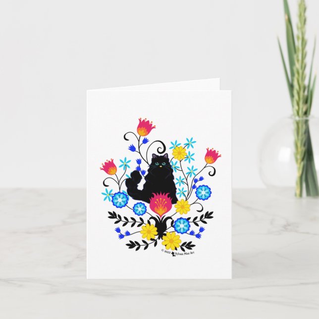 Tarjeta Gato negro con flores (Anverso)