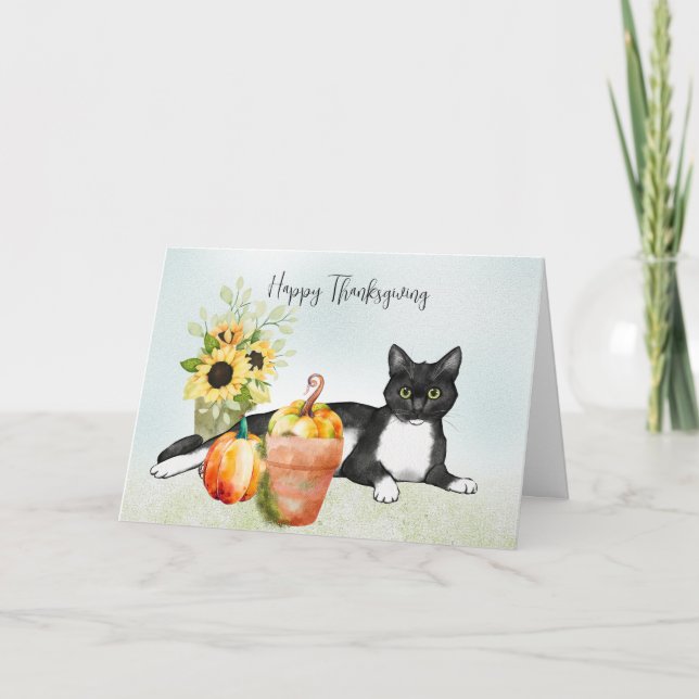Tarjeta Gato negro con flores y calabazas Acción de Gracia (Anverso)
