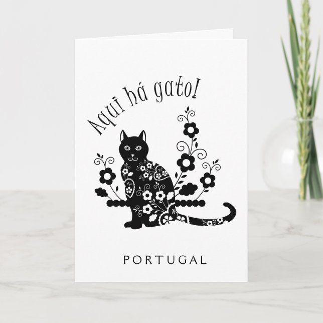 Tarjeta Gato negro con flores y expresión portuguesa (Anverso)