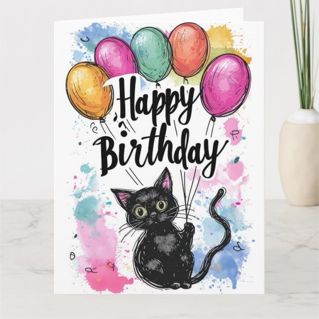 Tarjeta Gato negro con globos (Anverso)