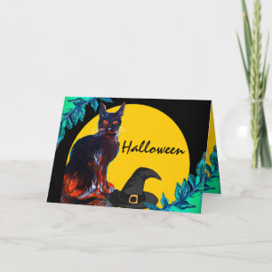 TARJETA GATO NEGRO CON GORRA DE BRAZA, PARTIDO HALLOWEEN