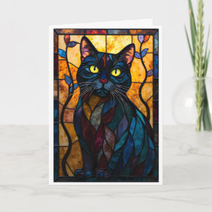 Tarjeta Gato negro con hojas al estilo de vidrio emplomado