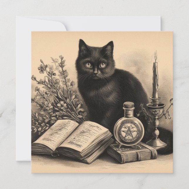 Tarjeta Gato negro con Ilustracion vintage de libros (Anverso)