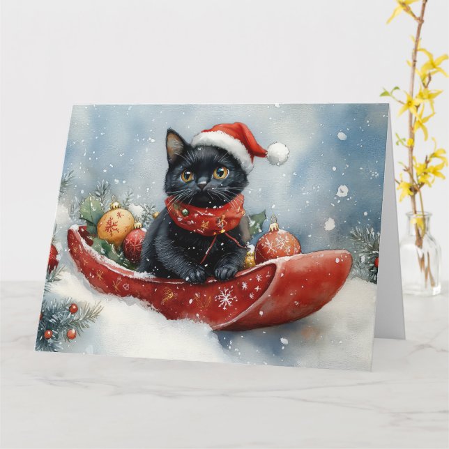 Tarjeta Gato negro con manchas deja que nieve Navidades (flor amarilla)
