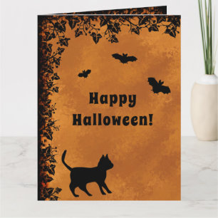 Tarjeta Gato Negro con Murciélago, Feliz Halloween