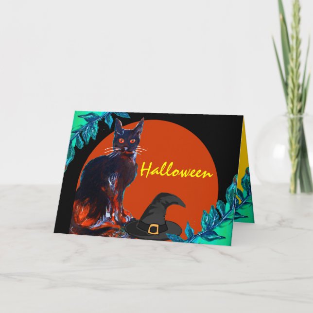 TARJETA GATO NEGRO CON PARTIDO DE GORRA DE BRAZA HALLOWEEN (Anverso)