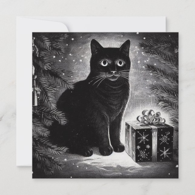 Tarjeta Gato negro con regalo de Navidad (Anverso)