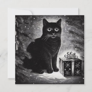 Tarjeta Gato Negro con Regalo de Navidad