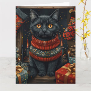 Tarjeta Gato Negro con Regalos de Navidad Chimenea
