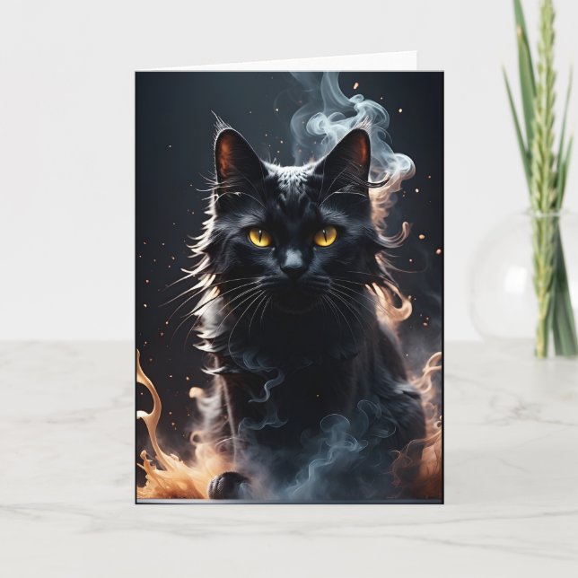 Tarjeta Gato negro con saludo en blanco de humo (Anverso)