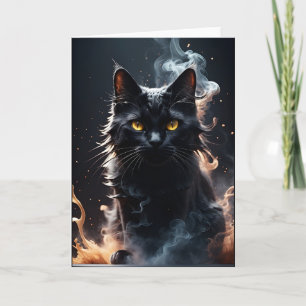Tarjeta Gato negro con saludo en blanco de humo