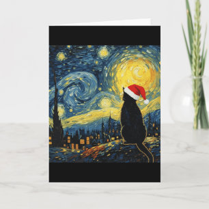 Tarjeta Gato negro con sombrero de Santa estilo Van Gogh N