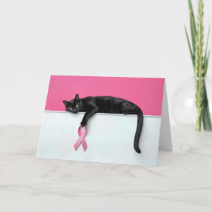 Tarjeta Gato negro con un lazo rosa símbolo del cáncer de