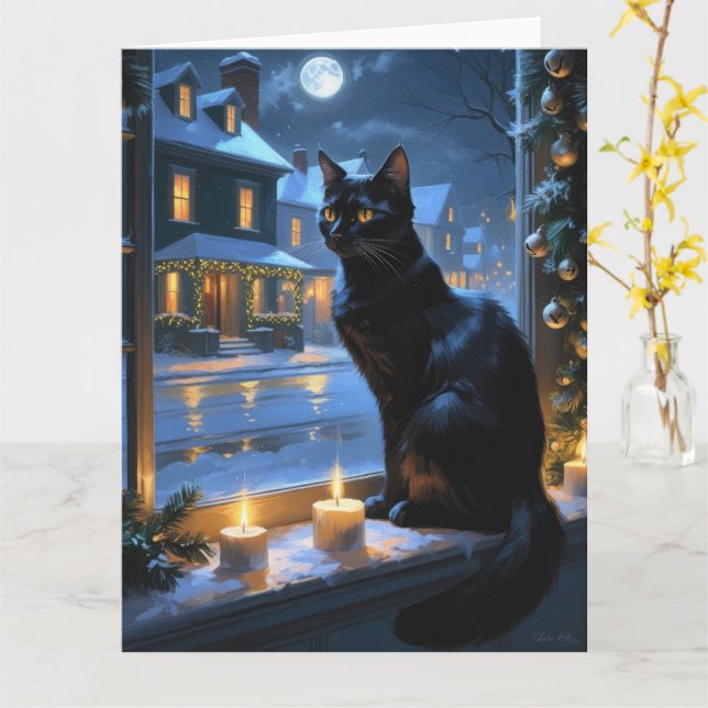 Tarjeta Gato negro con vacaciones de luces Navidades (flor amarilla)