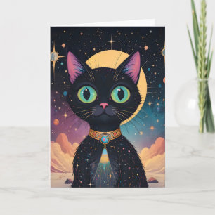 Tarjeta Gato negro cósmico futurista atómico en luz de lun