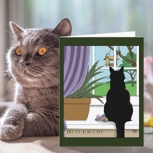 Tarjeta Gato negro curioso verde humorístico Ventana