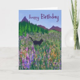 Tarjeta Gato negro de cumpleaños y flores silvestres