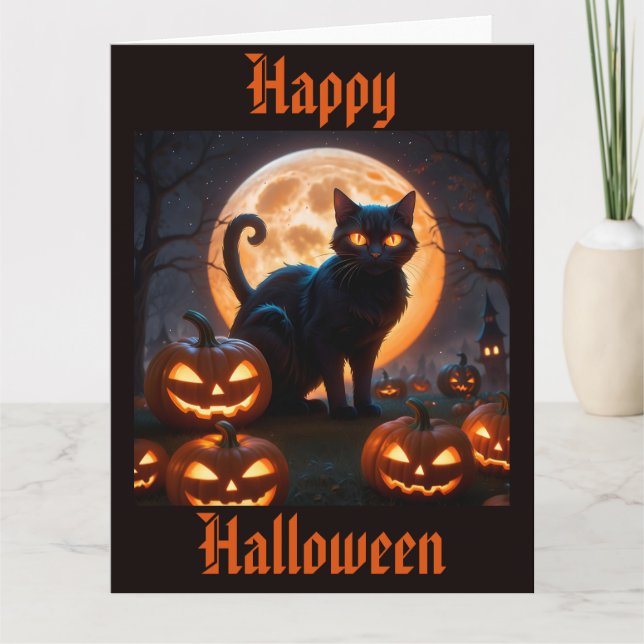 Tarjeta Gato negro de Halloween bajo la luna de la cosecha (Anverso)