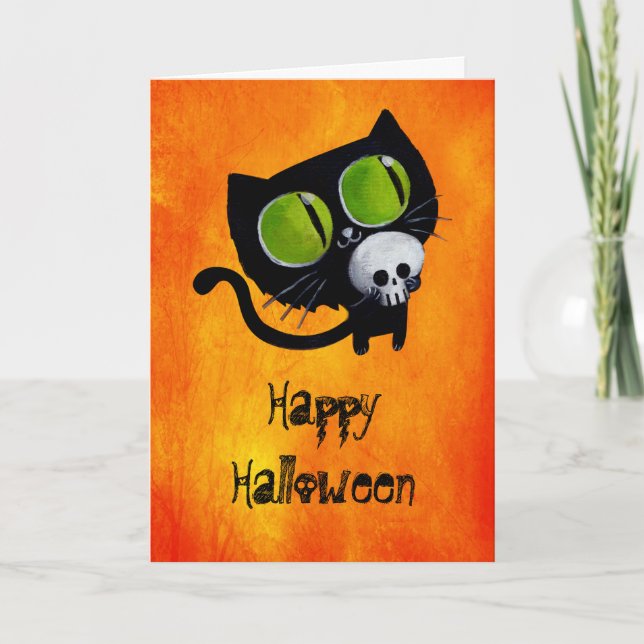 Tarjeta Gato negro de Halloween con cráneo (Anverso)