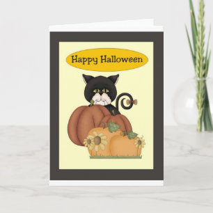 Tarjeta Gato negro de Halloween con las calabazas