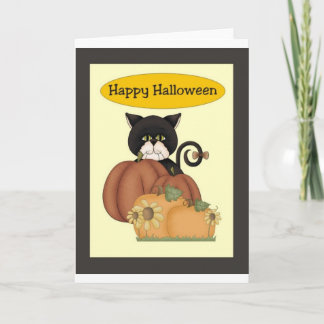 Tarjeta Gato negro de Halloween con las calabazas