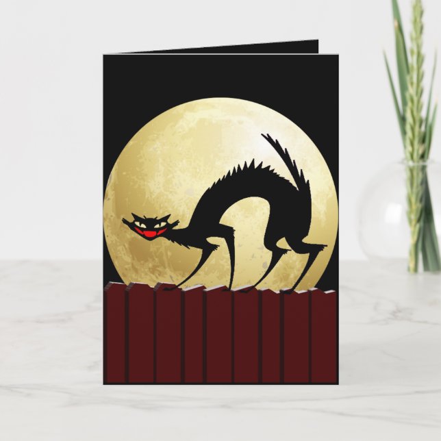 Tarjeta Gato negro de Halloween con luna llena (Anverso)