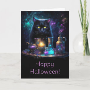 Tarjeta Gato negro de Halloween con mágicas pociones místi