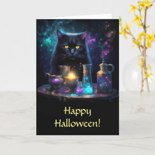 Tarjeta Gato negro de Halloween con mágicas pociones místi