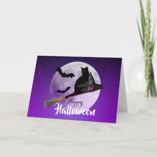 Tarjeta Gato negro de Halloween en la habitación Luna llen